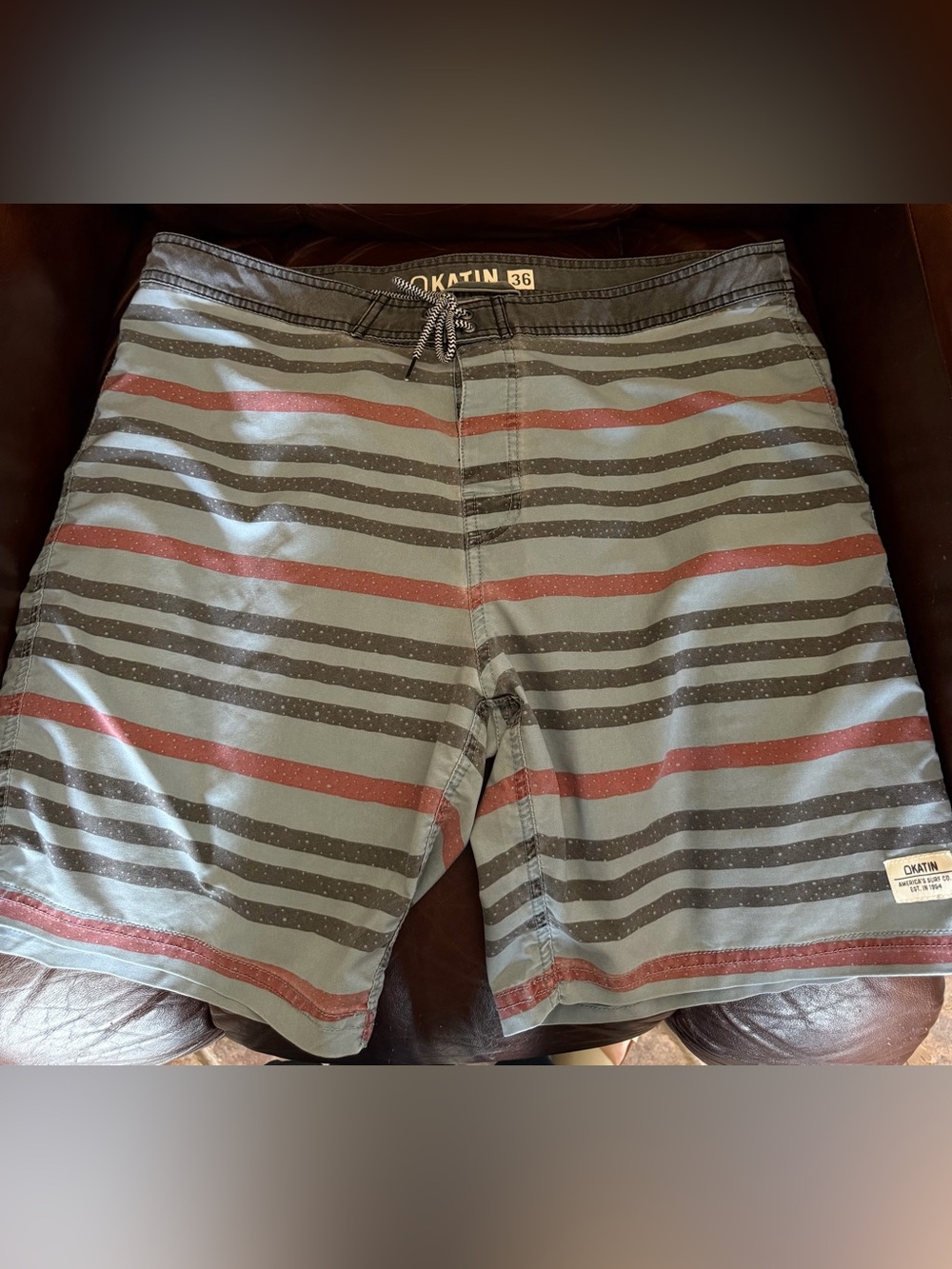 Katin Men’s Board Shorts Size 36 Striped Surf Swim Trunks Gray Red